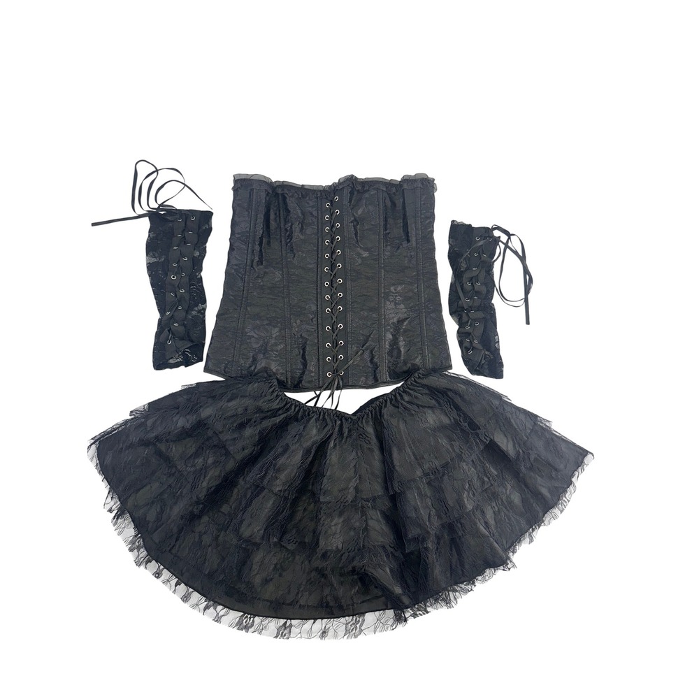 3-Piece Gothic Lace Corset Tutu Tiered Skirt Arm Warmers Set Black XL Steampunk